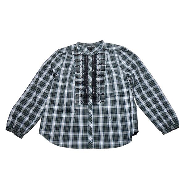 J. Crew Embellished Sequin Button Up Tartan Plaid Top Forest Green Cotton Medium - Picture 2 of 11